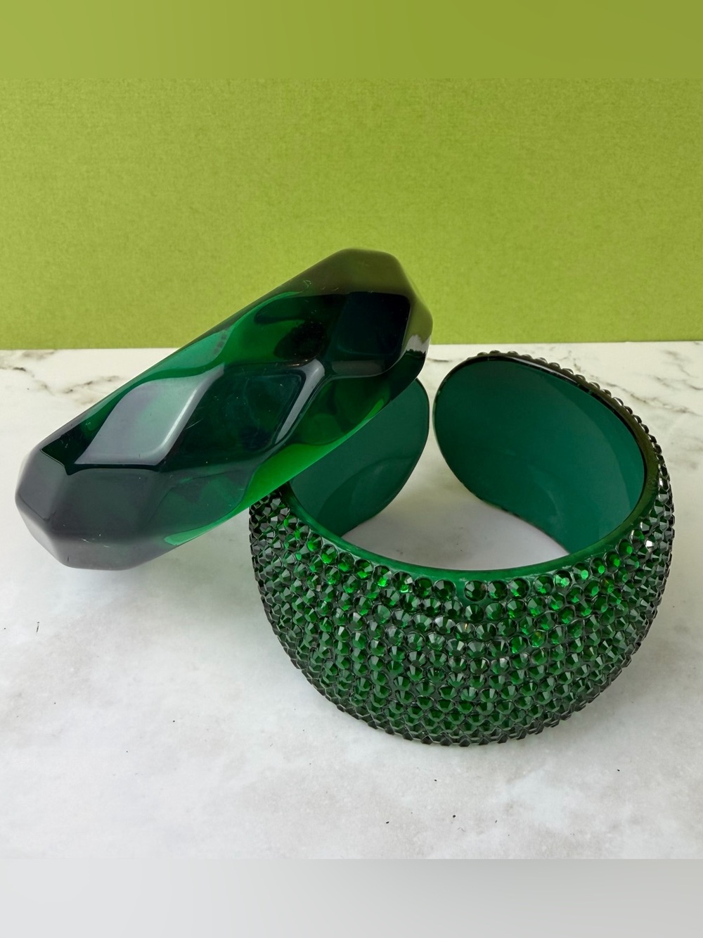 Vintage Emerald Green Chunky Bracelet Set Faceted Lucite Bangle Studded Cuff